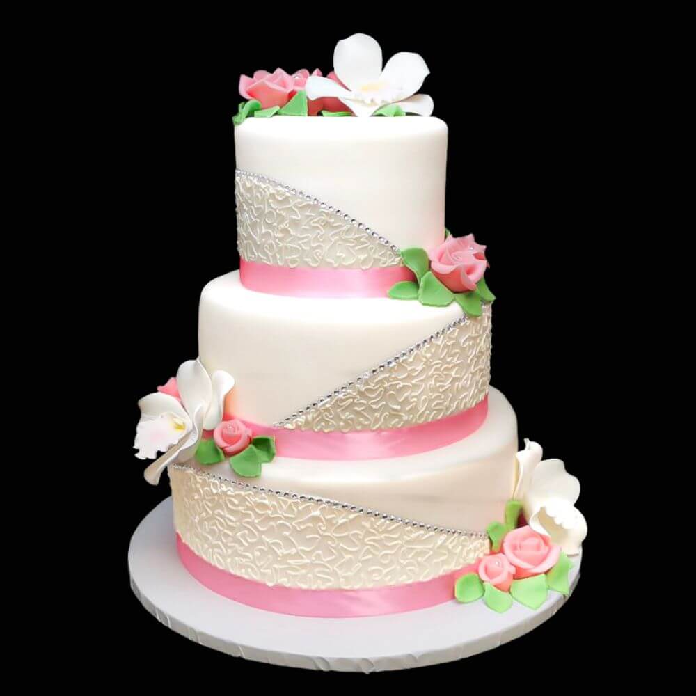 Rózsás fehér orchideás emeletes esküvői torta