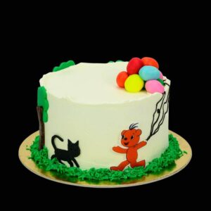 Boribon torta színes lufikkal fekete cicával