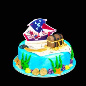 kalóz torta kincsesládával kalózzászlóval