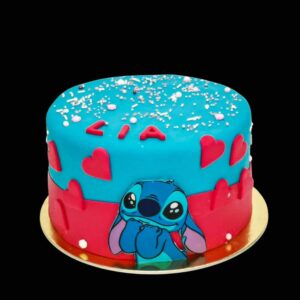 Kék piros Stitch torta szivecskékkel