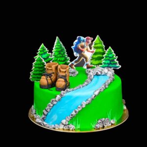 túrázó torta fenyőfákkal bakanccsal